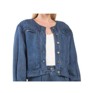 Young Fabulous & Broke Dayla Collarless Denim Jacket Small Button Up Cropped NWT